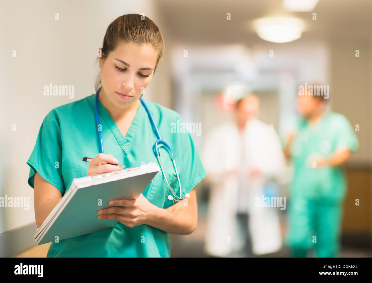 Female doctor in hospital hallway Stock Photo