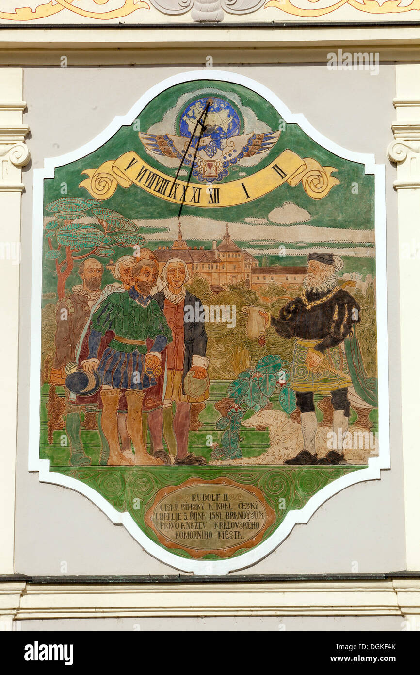 The view of the Emperor Rudolf II on the wall of the town hall, Brandys Nad Labem square, Czech Republic Stock Photo