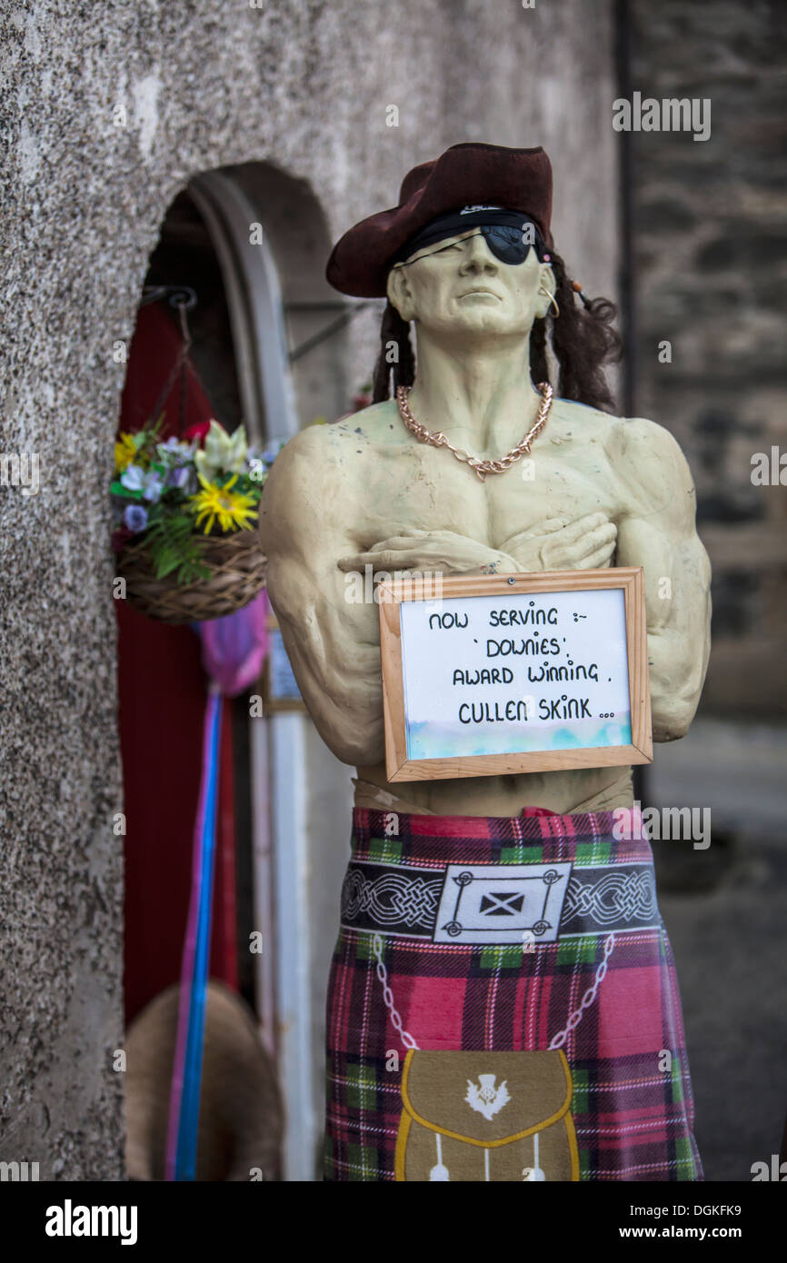 Pirate figure outside cafe in Portsoy. Stock Photo