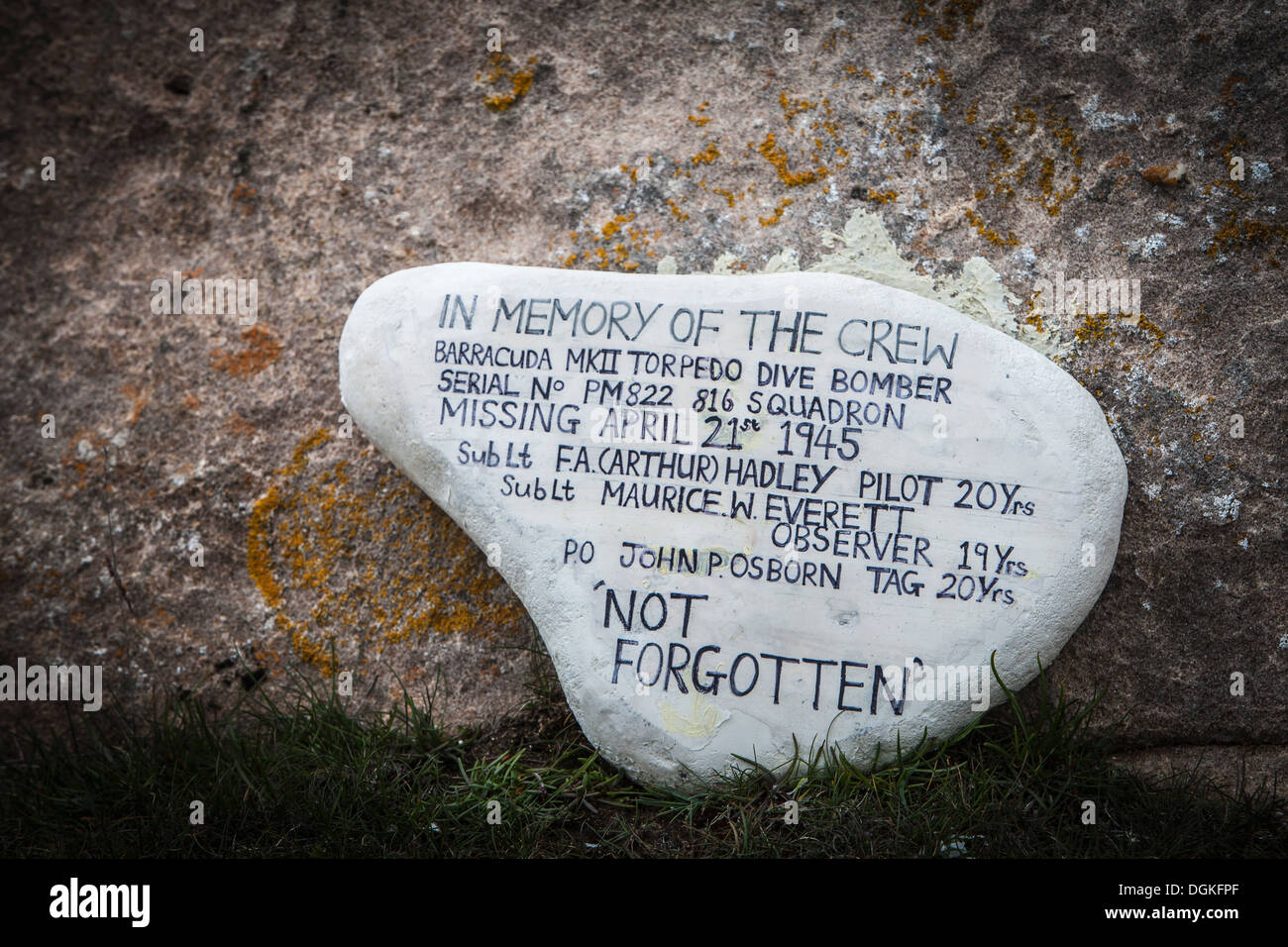 Remembrance stone for RAF missing airmen near Tarbat Ness. Stock Photo
