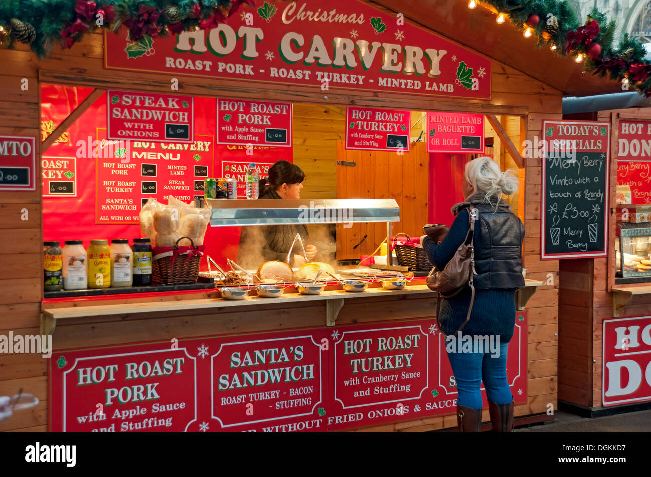 A Christmas Market Stall Serving Hot Carvery Stock Photo Alamy