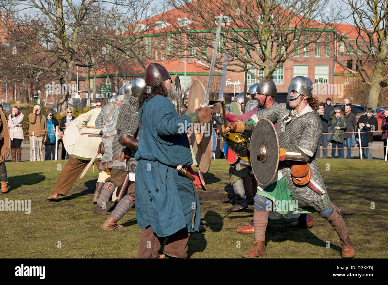A skirmish reenactment between Vikings and Anglo Saxons at the Viking Festival. Stock Photo