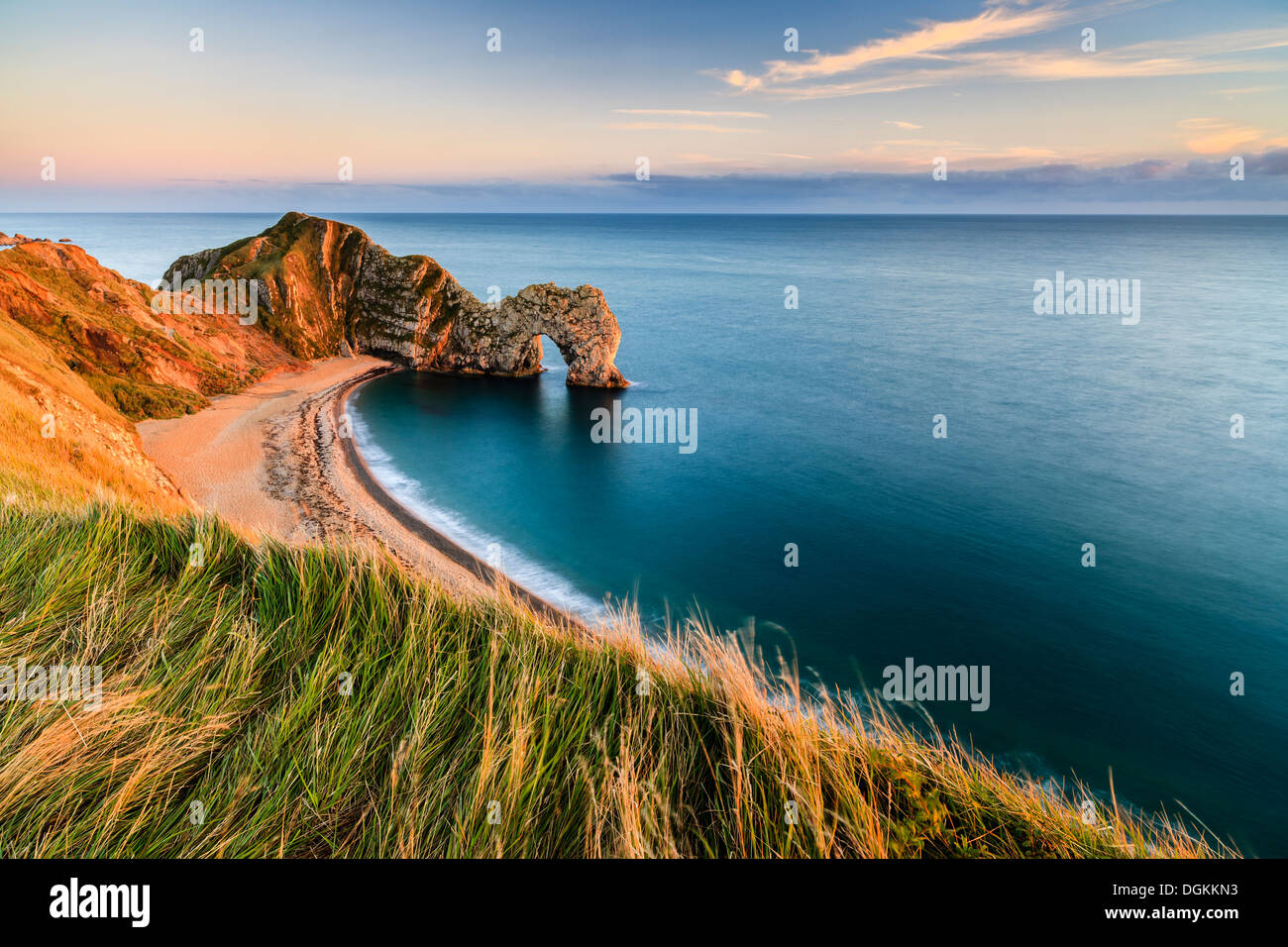 A view of Durdle Door from the clifftop path. Stock Photo