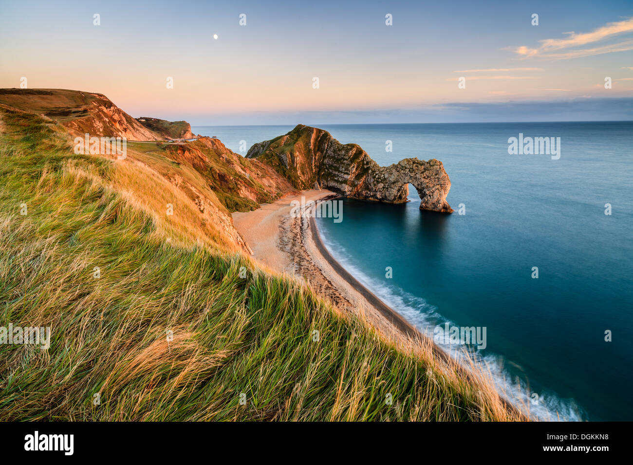 A view of Durdle Door from the clifftop path. Stock Photo