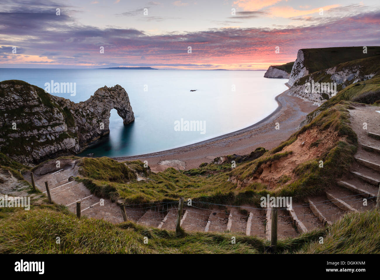 A view of Durdle Door from the cliff top path. Stock Photo