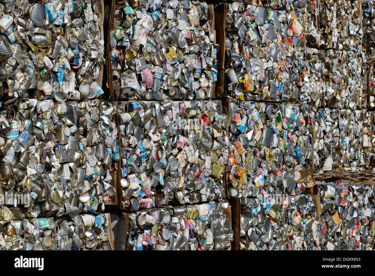 Bales of steel cans at the recycling collection facility in Stock Photo
