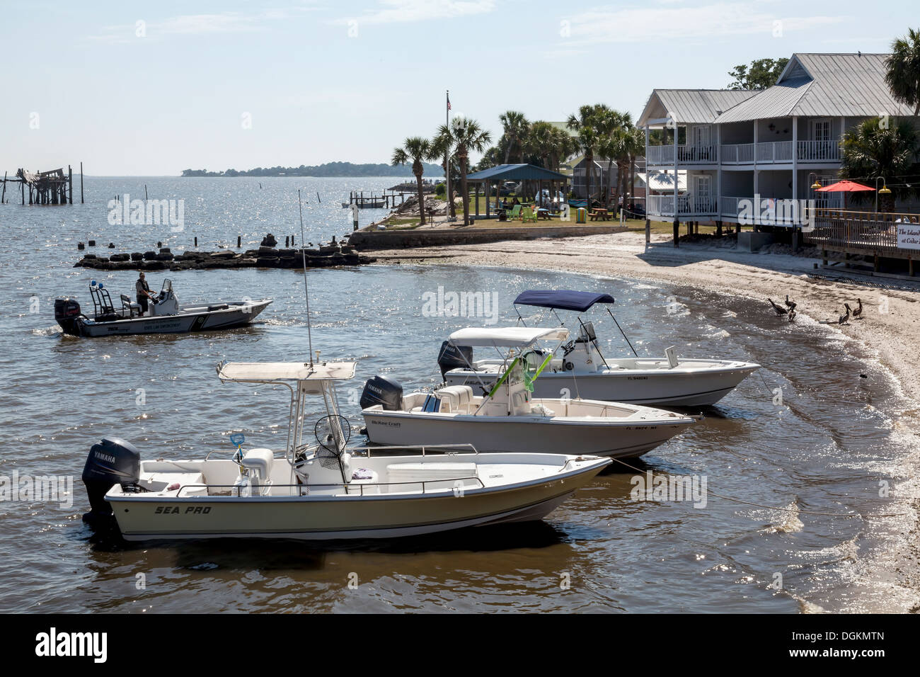 Power fishing boats with canopies anchored beached in Cedar Key along