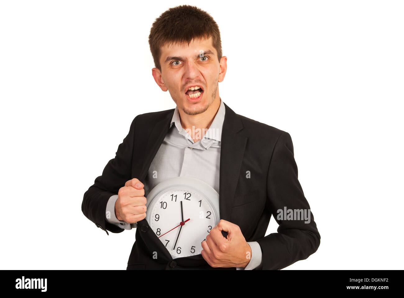 Staring At Clock Rage Rage business man holding clock in interior of coat isolated on white ...