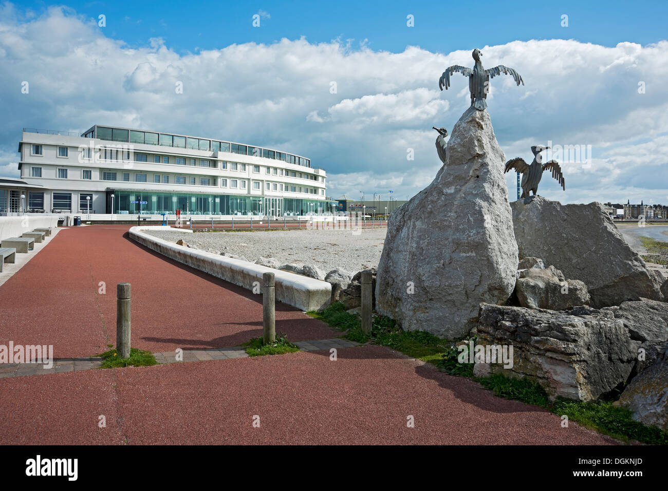 A view toward the Midland Hotel and promenade in Morecambe. Stock Photo