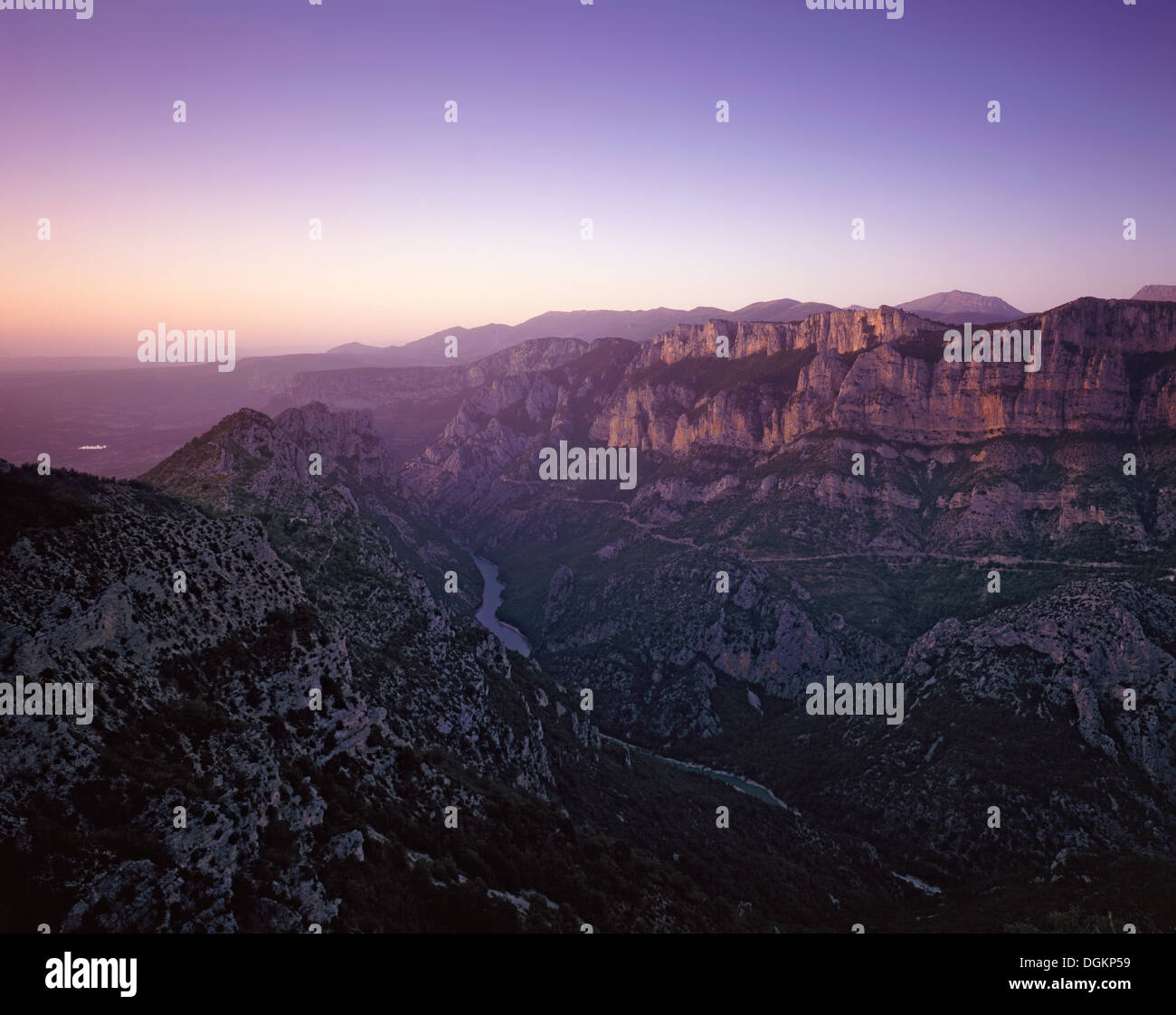 A view across the Verdon Gorge at sunset. Stock Photo