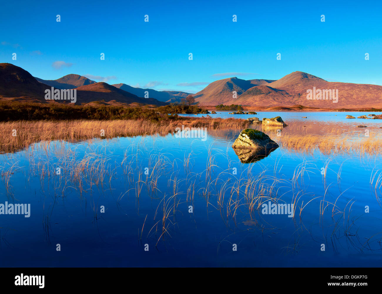 An early morning view across Loch Nah Achlaise. Stock Photo