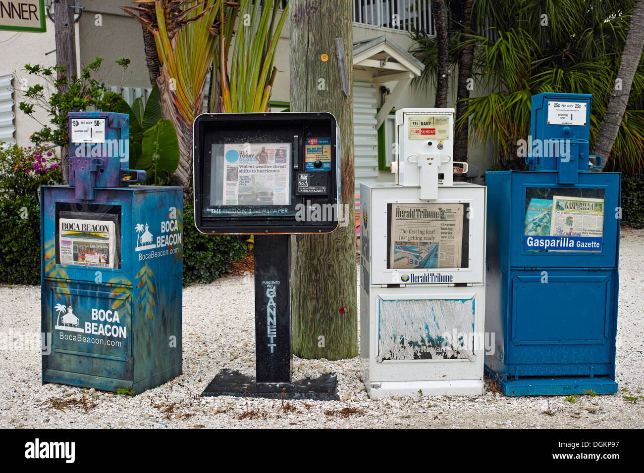 Newspaper vending machines in Boca Grande on Gasparilla Island in southwest Florida. Stock Photo
