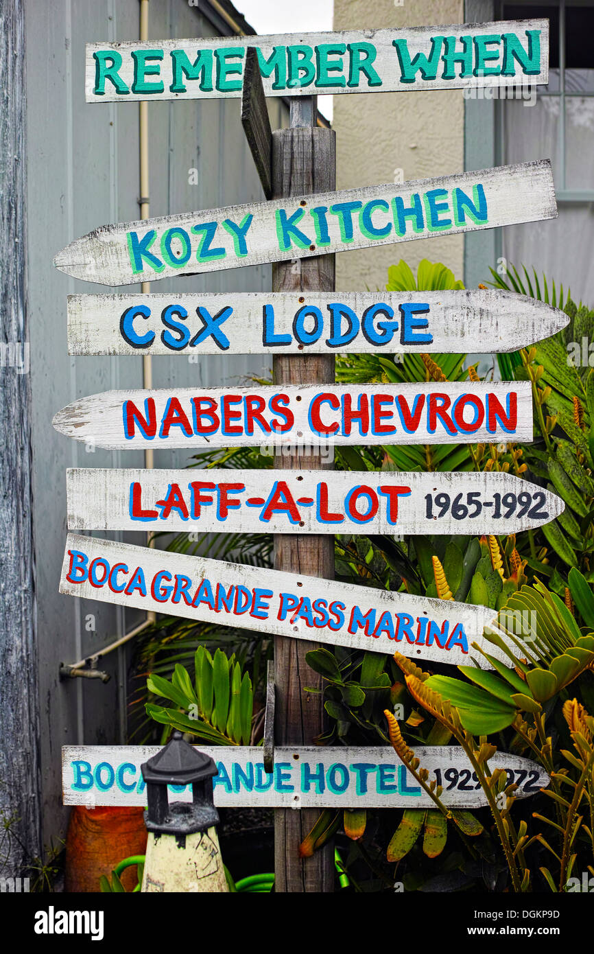 Direction signs in Boca Grande on Gasparilla Island in southwest Florida. Stock Photo