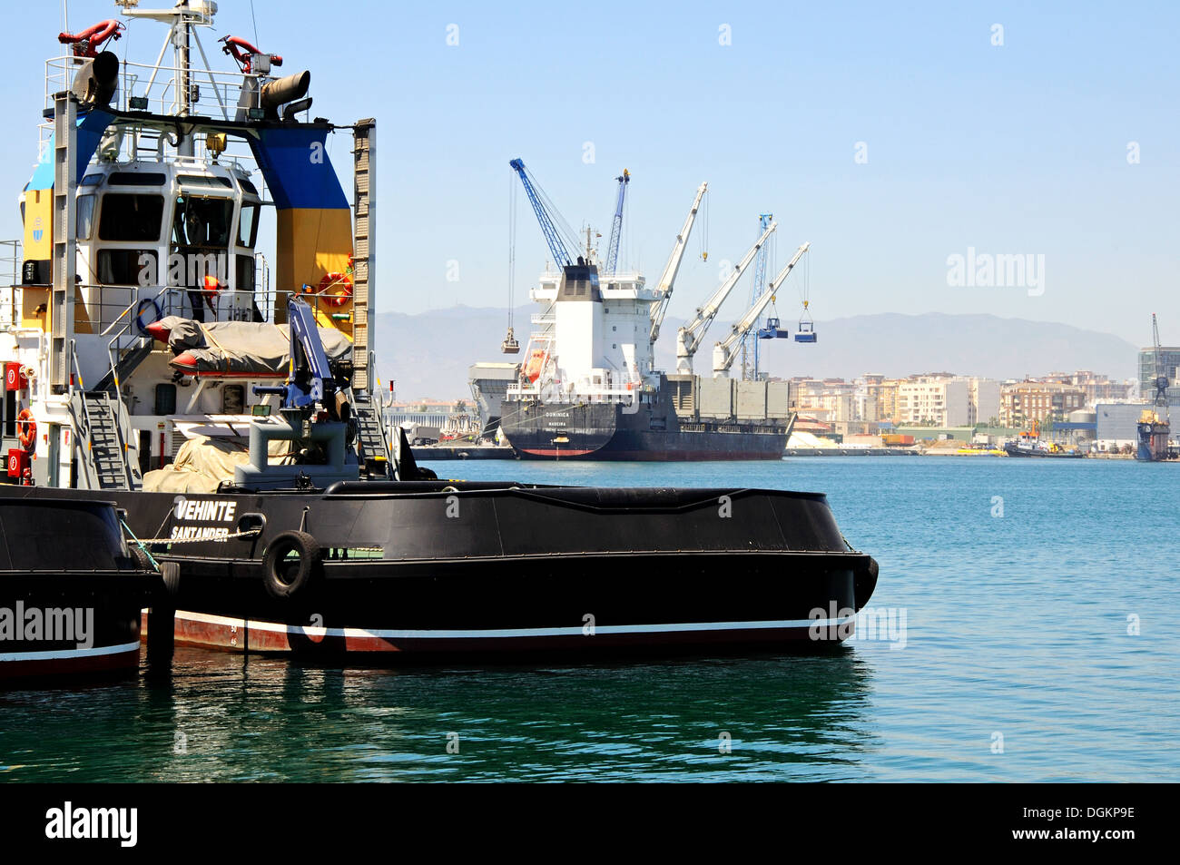 Ocean going tugs Vehinte and Vehinticuatro of Santander in the harbour, Malaga, Spain, Western Europe. Stock Photo