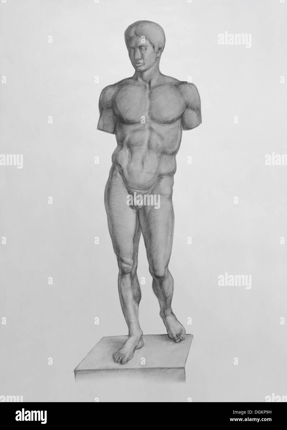 Plaster Replica of the Doryphoros of Polykleitos (Sculpture). It is a Pencil Drawing Stock Photo