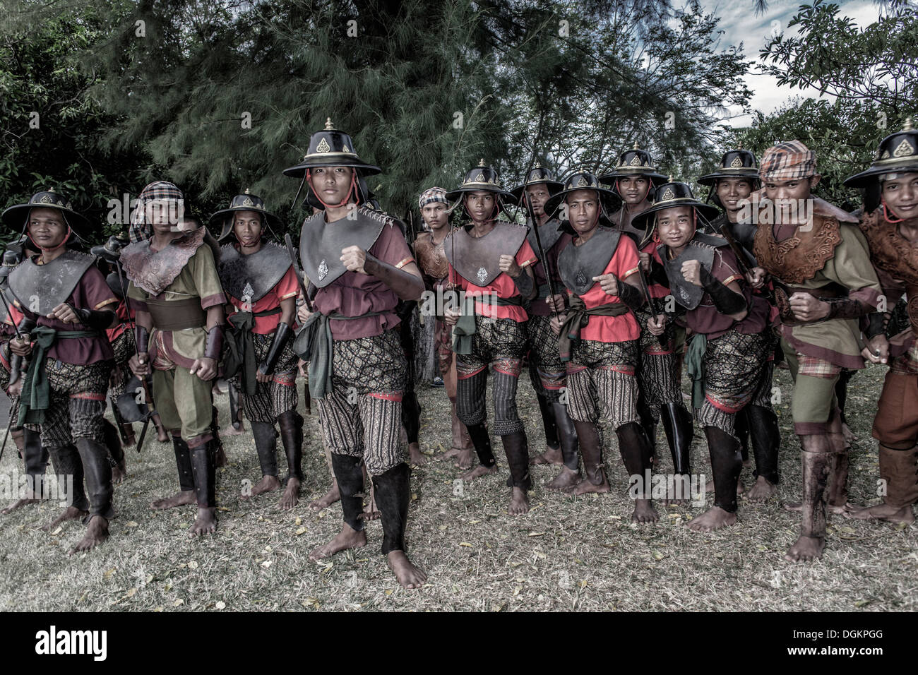 Thai soldiers in appropriate medieval dress for an ancient battle reenactment at the Surin annual elephant festival Thailand Stock Photo
