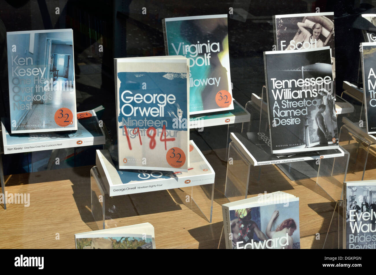 Penguin modern classics novels in a bookshop window display. Stock Photo