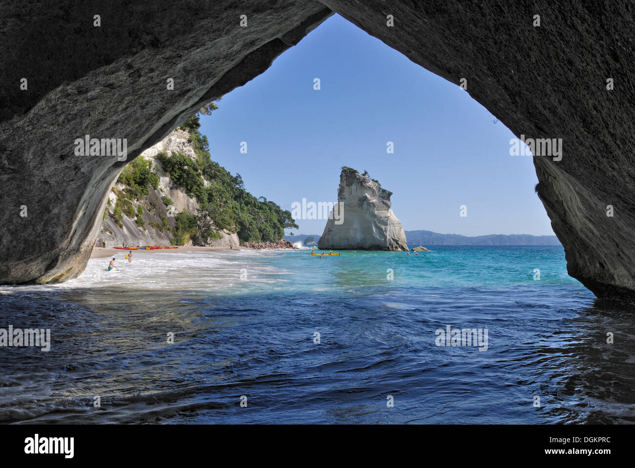 View through the rock arch in the Marine Reserve Cathedral Cove, Hahei, Coromandel Peninsula, North Island, New Zealand Stock Photo