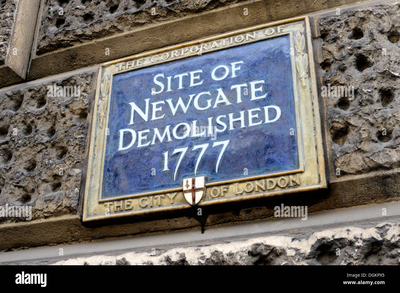 Blue plaque marking the site of Newgate in Newgate Street. Stock Photo