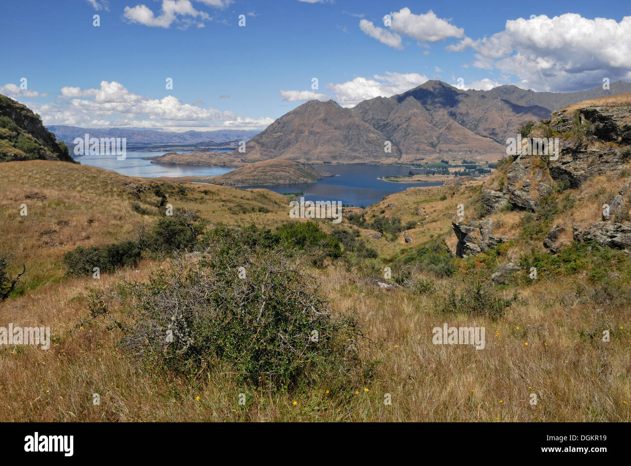 View from Rocky Mountain to Lake Wanaka, Wanaka, South Island, New Zealand Stock Photo