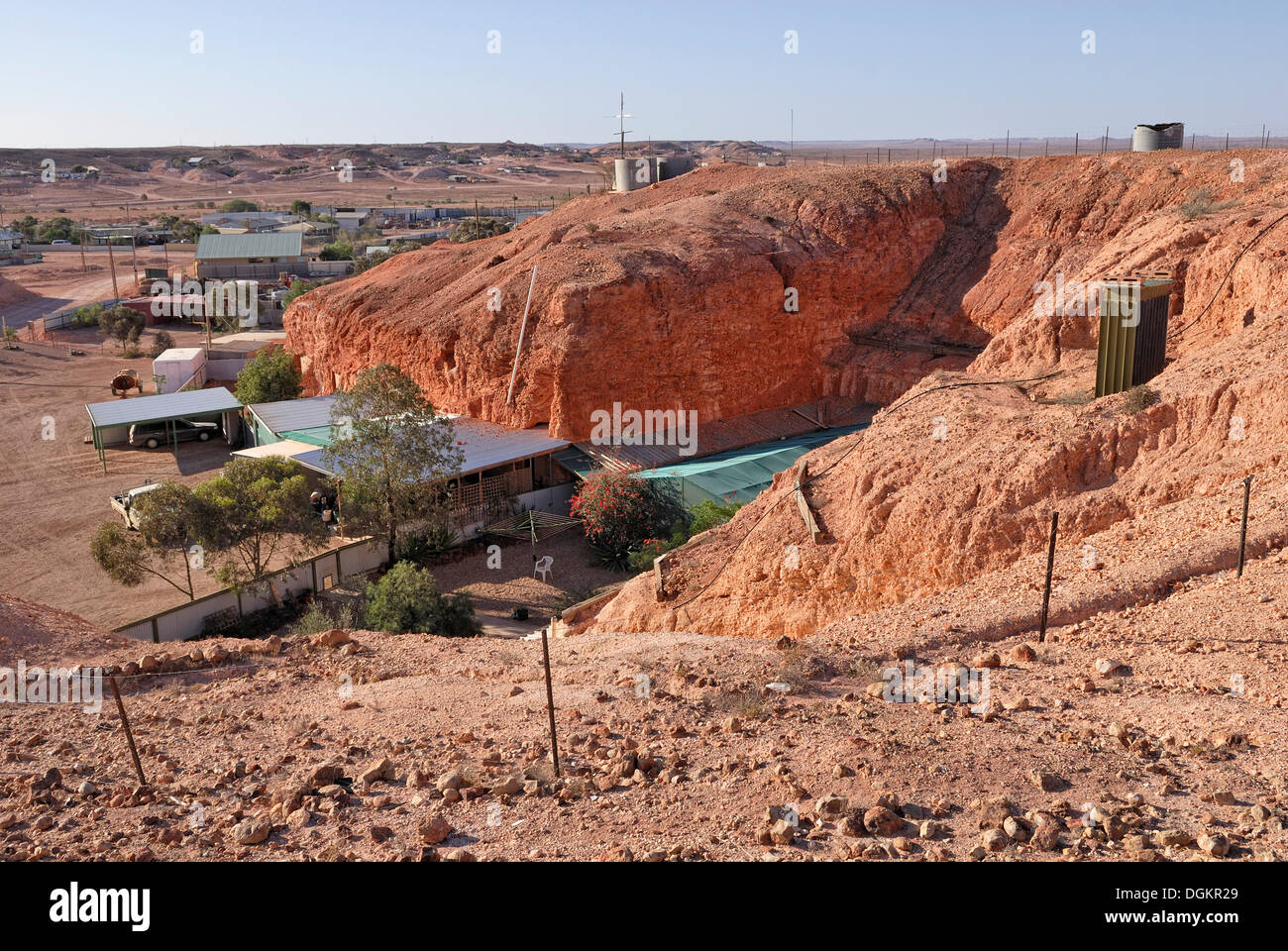 Partial view the covered entrances of the cliff dwellings, shops and abandoned opal mines, Coober Pedy, South Australia Stock Photo