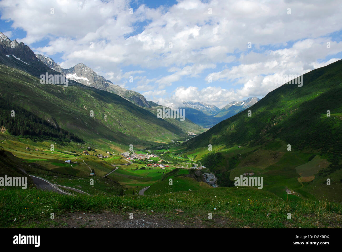 View from the Furka Pass road to Andermatt, Switzerland, Europe Stock Photo