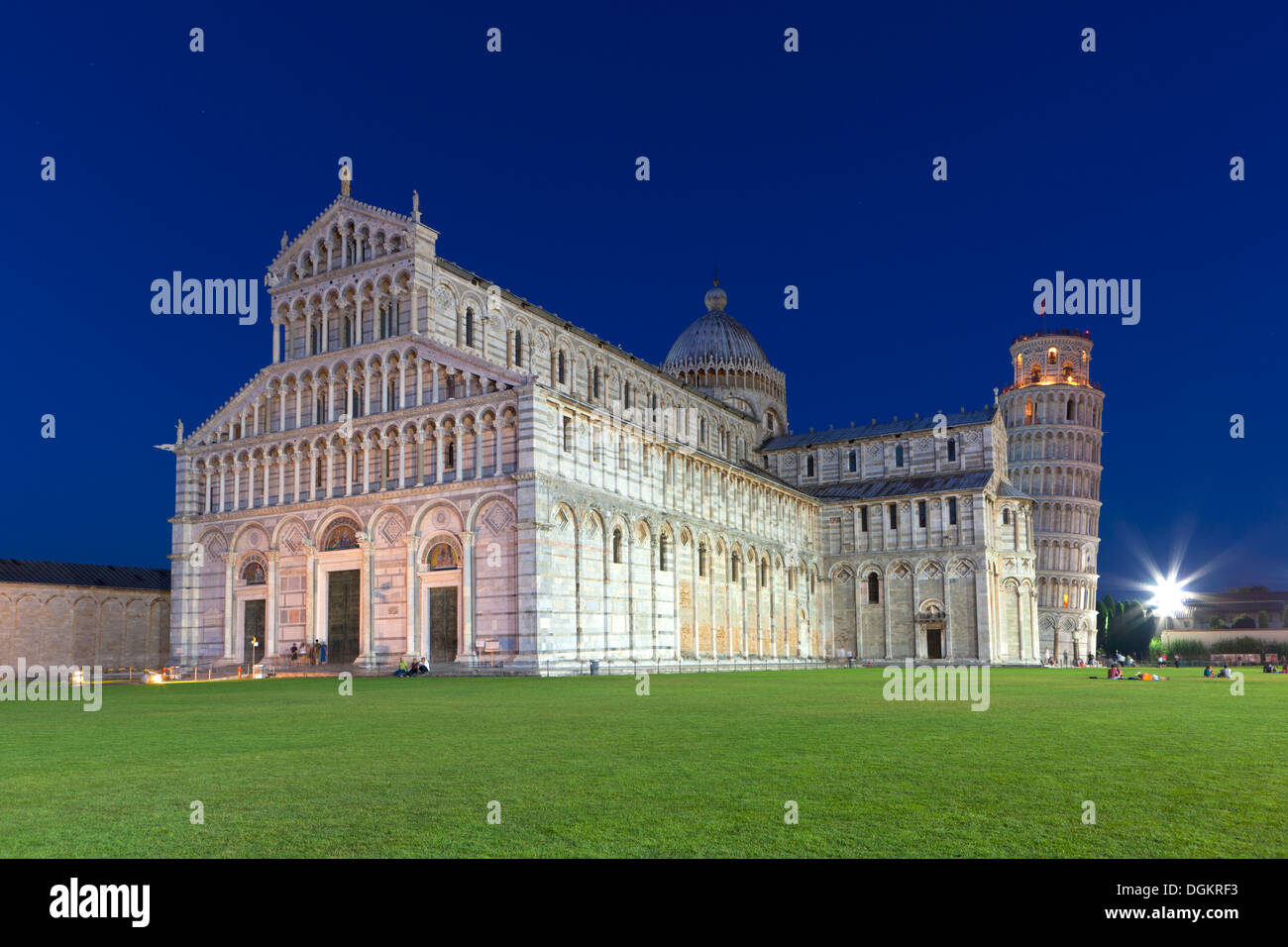 Cathedral and Leaning Tower of Pisa at Piazza dei Miracoli in Pisa. Stock Photo