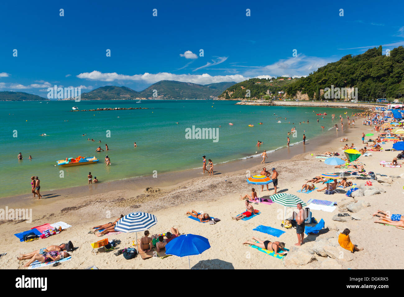 Tourists on the beach at Lerici. Stock Photo