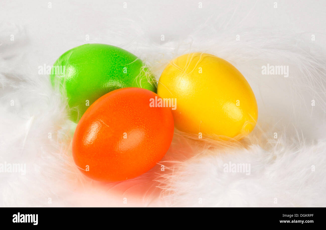 Three Easter eggs on white feathers Stock Photo