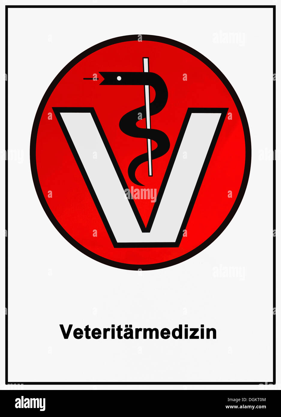 Veterinary sign, serpent-entwined staff of Aesculapius above the letter V, labelled Veterinaermedizin Stock Photo