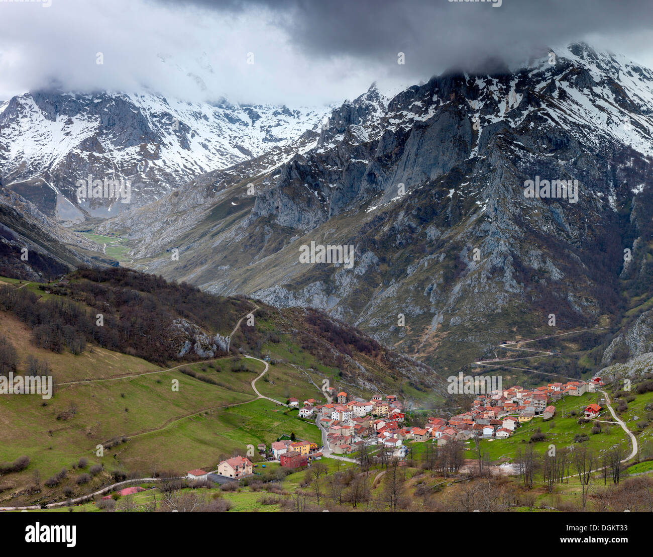 A view towards Sotres from Invernales de La Caballa in the Picos de Europa National Park. Stock Photo