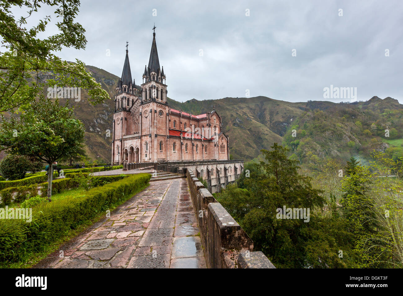 A view towards Basilica of Santa MarÌÆa la Real of Covadonga in the Picos de Europa National Park. Stock Photo