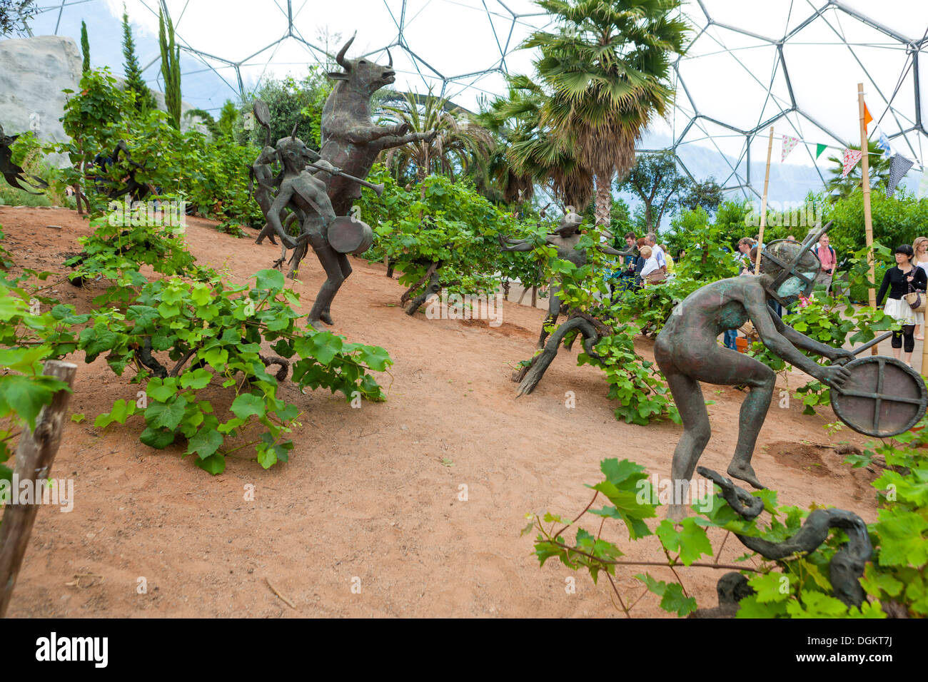 Sculptures depicting ancient Greek stories of Dionysius inside the Mediterranean Biome at the Eden Project. Stock Photo