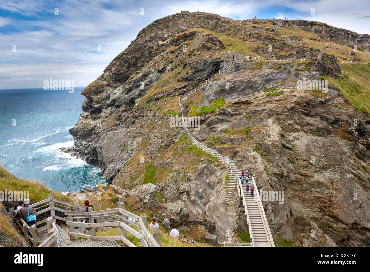 Tintagel Castle on the clifftops which was King Arthur's Castle fortress and was believed to have been constructed around AD1140 Stock Photo