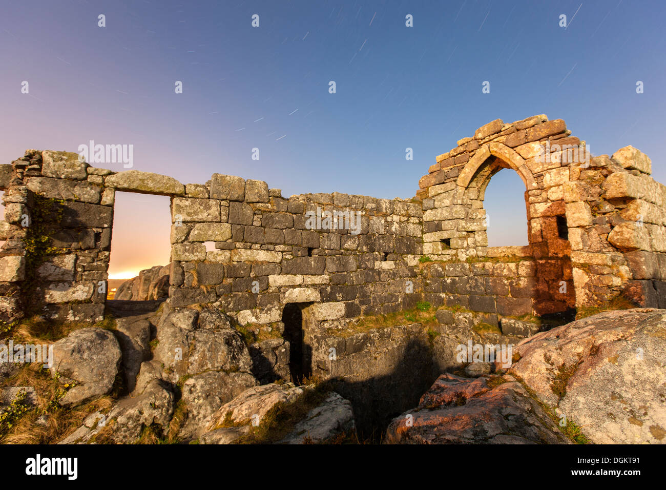 Ruined St Michael's Chapel on the top of 60ft high Roche Rock. Stock Photo