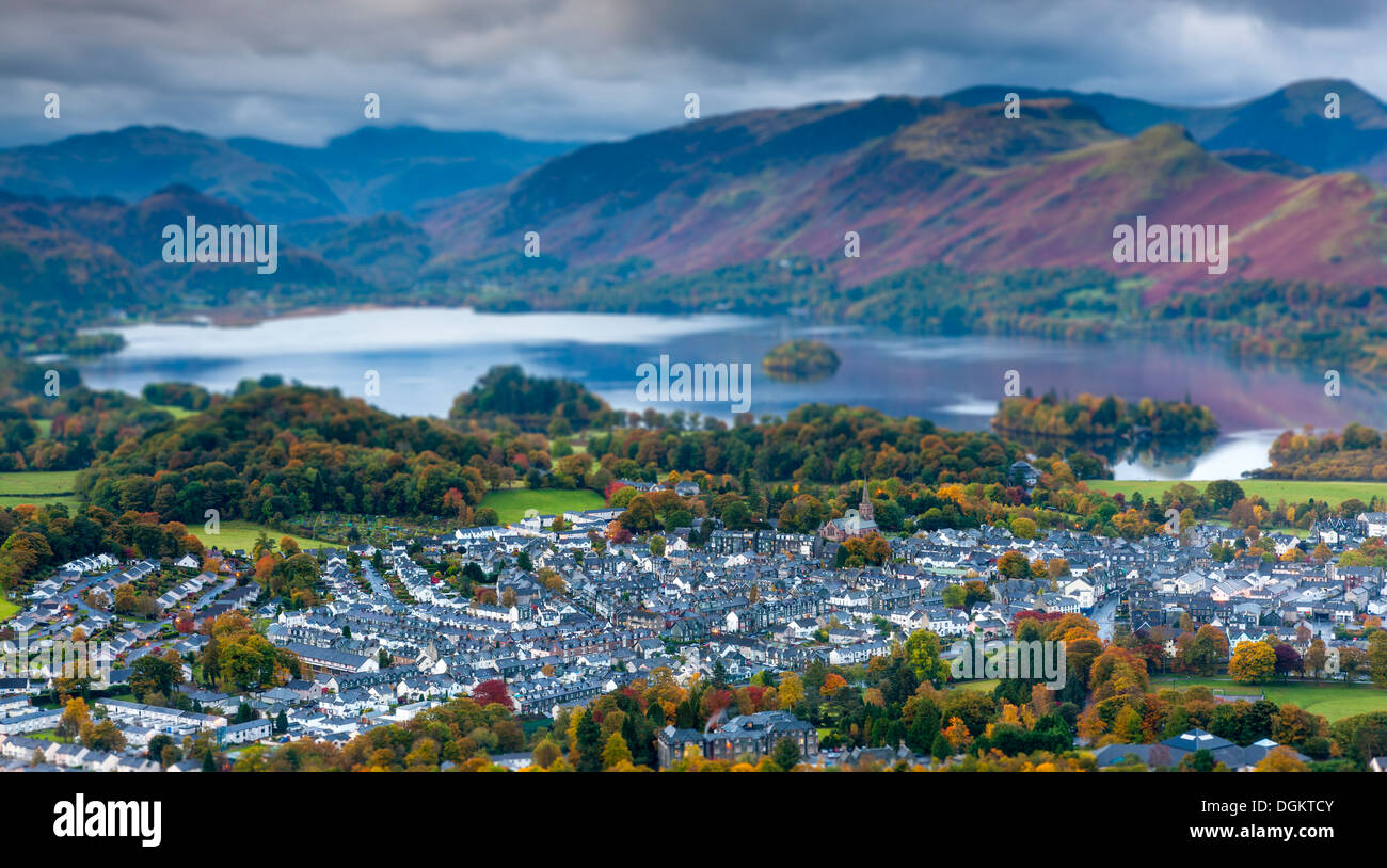 View over Keswick and Derwent Water from Latrigg summit towards Derwent Fells. Stock Photo
