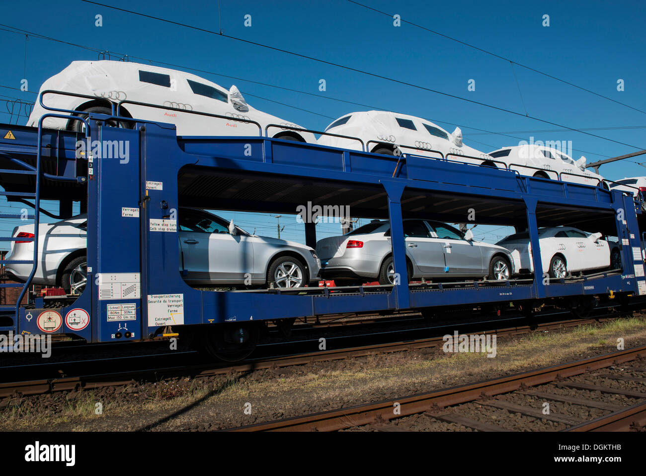 New cars produced at the VW plant in Emden loaded onto freight cars, East Frisia, Lower Saxony, PublicGround Stock Photo