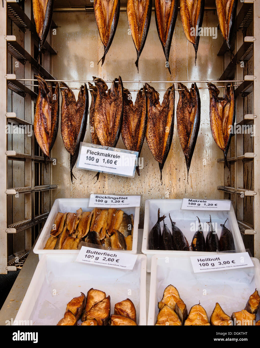 Fish for sale, spotted mackerel, smoked herring, butterfish, halibut