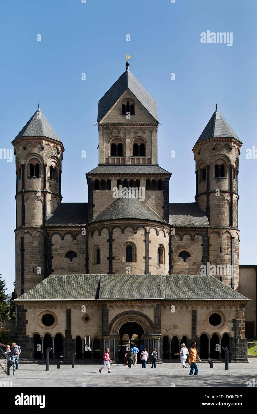 Maria Laach Abbey, Romanesque façade with the magnificent west entrance, Rhineland-Palatinate Stock Photo