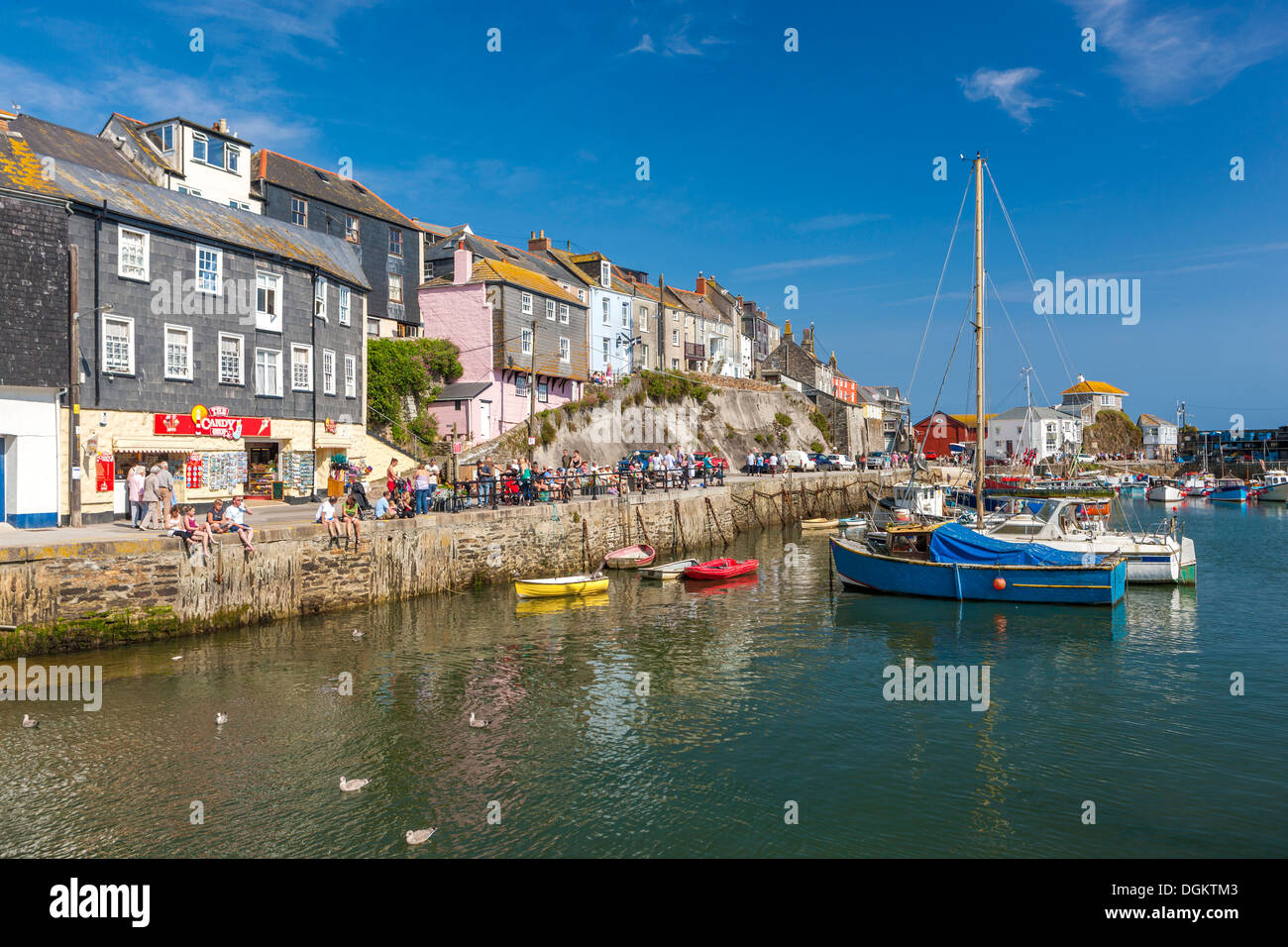 Old wooden fishing boats in the harbour at Mevagissey. Stock Photo