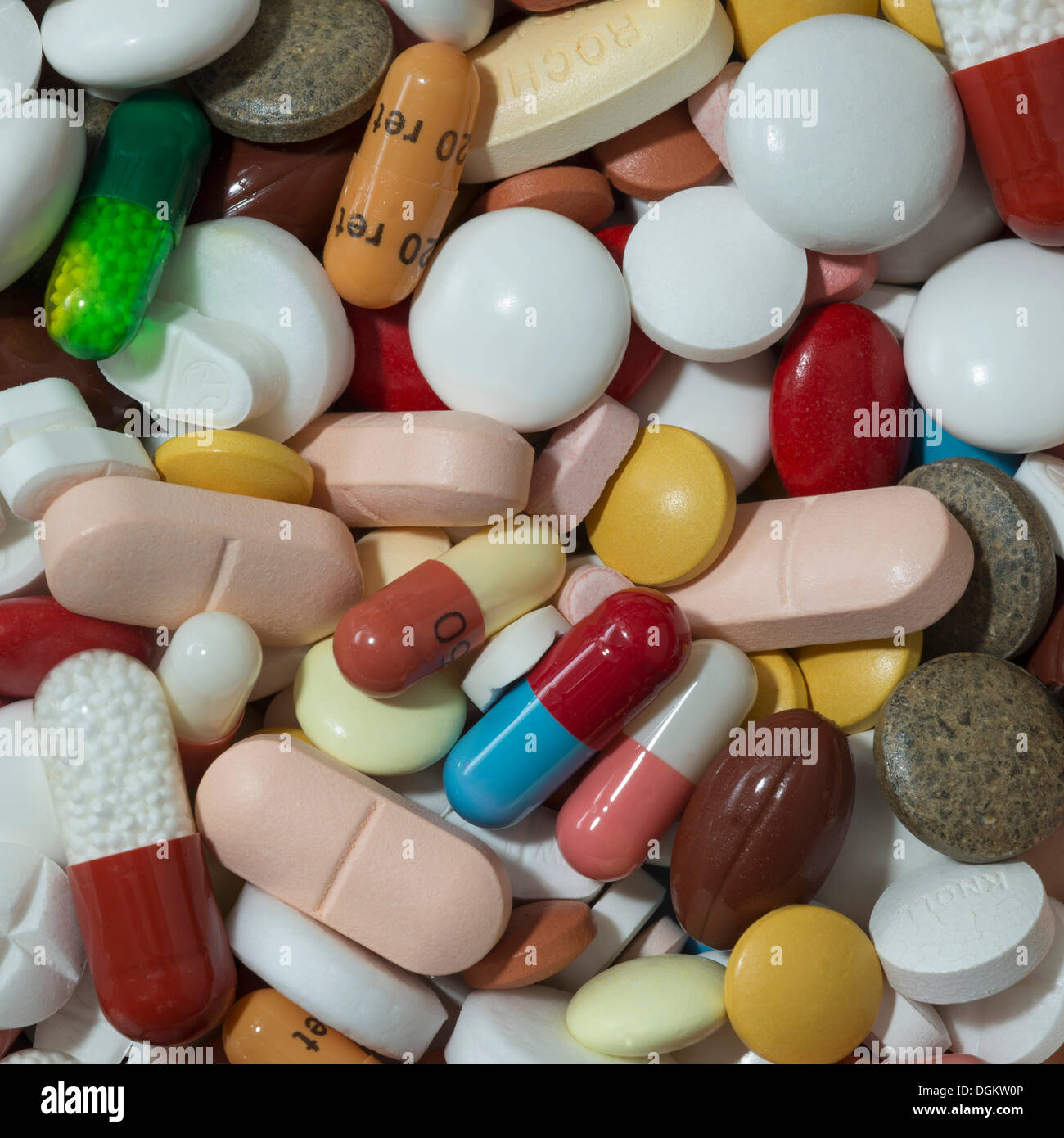 Mixed coloured pills, capsules, tablets and coated tablets, Germany Stock Photo