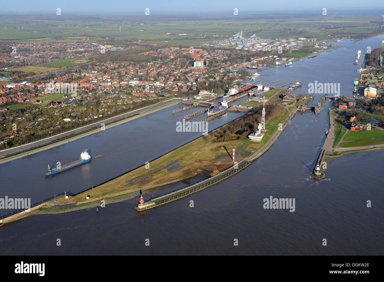 Lock of the Kiel Canal, German: Nord-Ostsee-Kanal, NOK, aerial photo, Brunsbüttel, Schleswig-Holstein, Germany Stock Photo