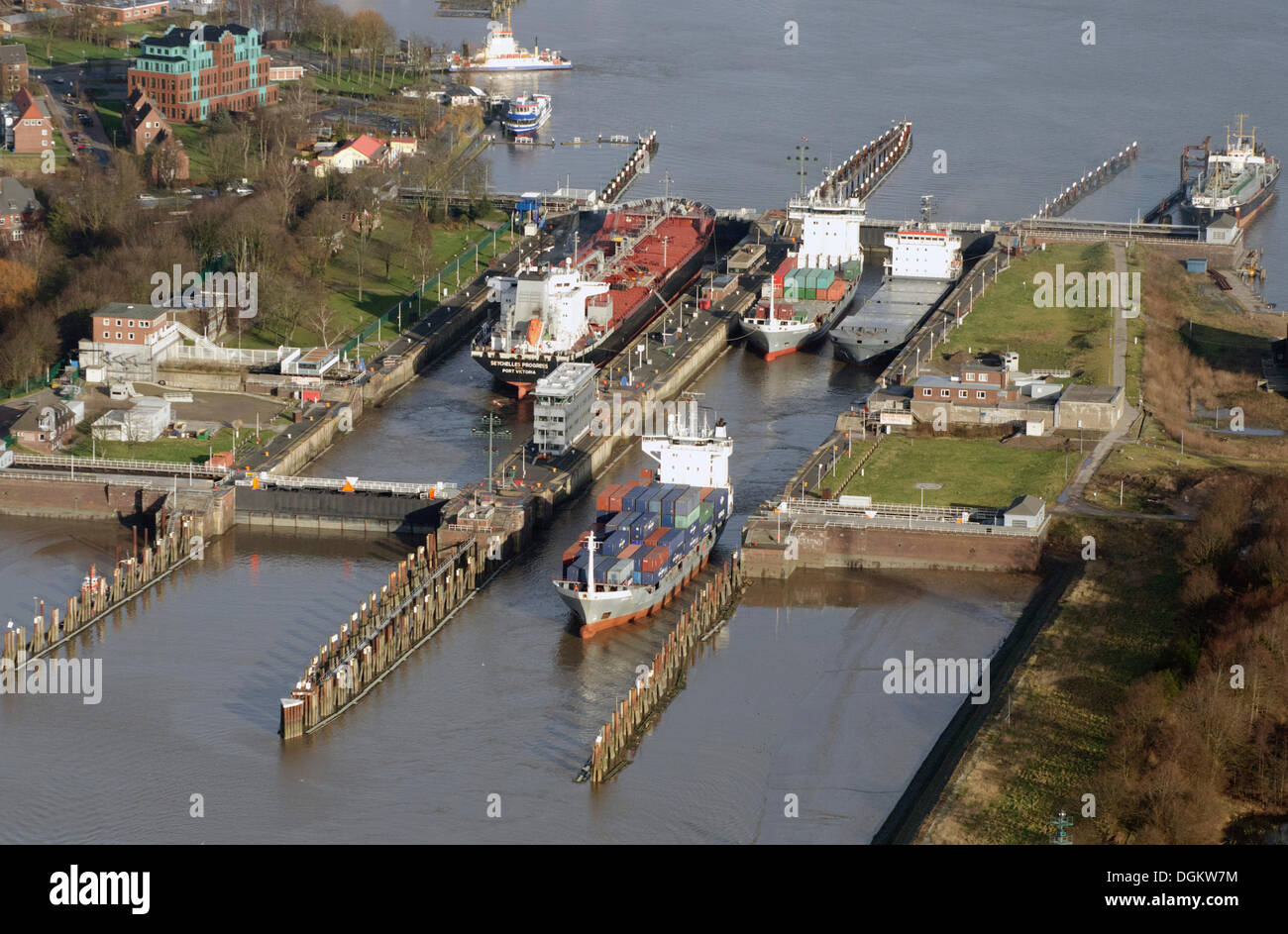 Lock of the Kiel Canal, German: Nord-Ostsee-Kanal, NOK, aerial photo, Brunsbüttel, Schleswig-Holstein, Germany Stock Photo