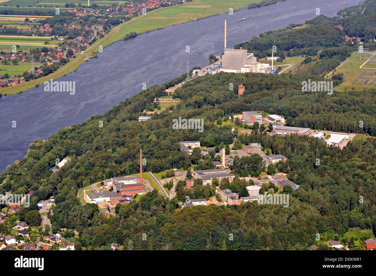 Aerial view, Helmholtz-Zentrum Geesthacht Centre for Materials and Coastal Research, with Kruemmel Nuclear Power Plant Stock Photo