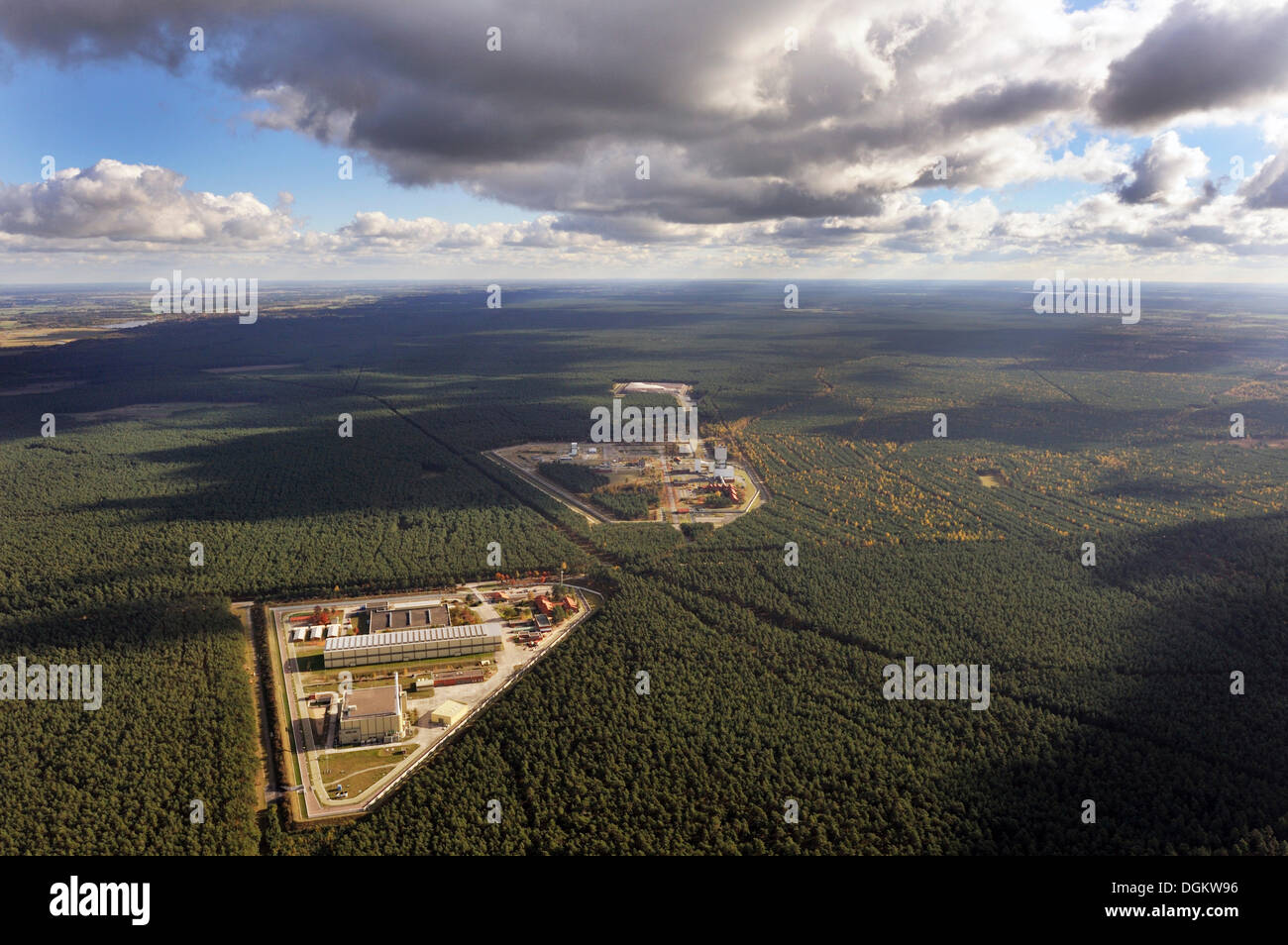 Pilot mine and Gorleben intermediate storage facility, aerial view, Gorleben, Lower Saxony, Germany Stock Photo