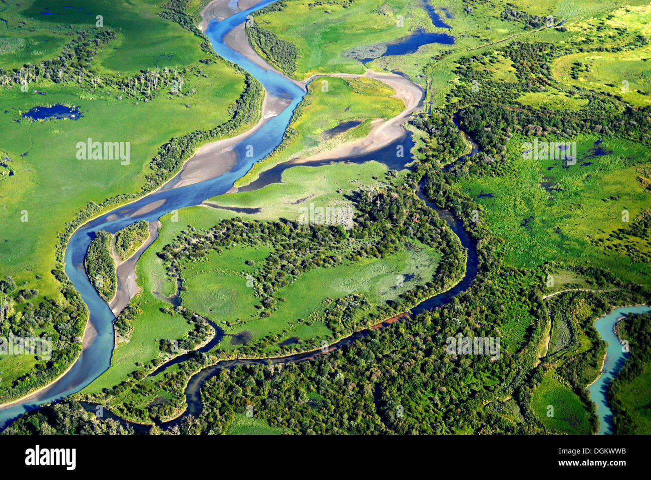 Aerial view, course of the Columbia River, British Columbia, Invermere, British Columbia Province, Canada Stock Photo