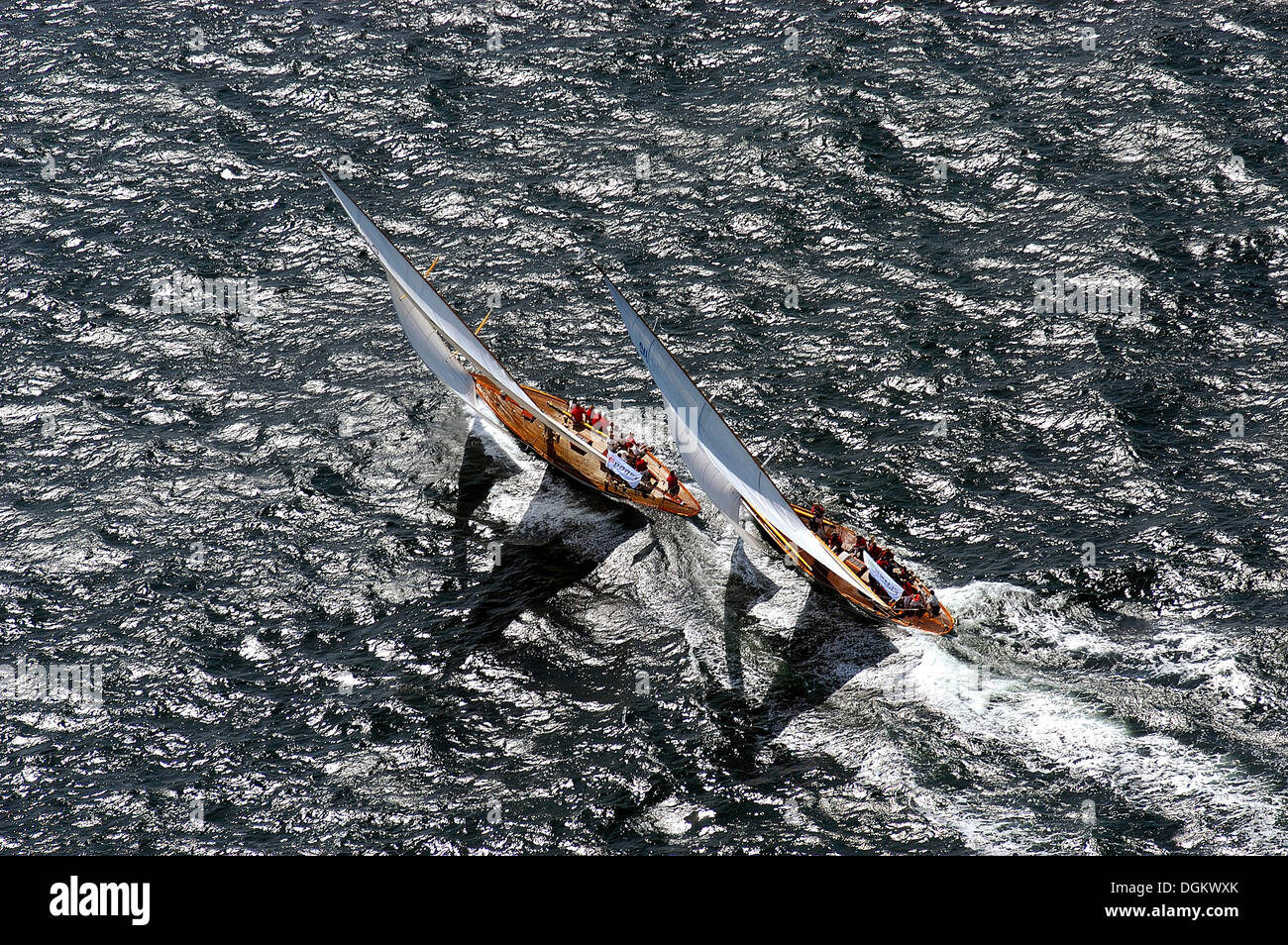 Aerial view, two racing yachts competing in a regatta during Kiel Week