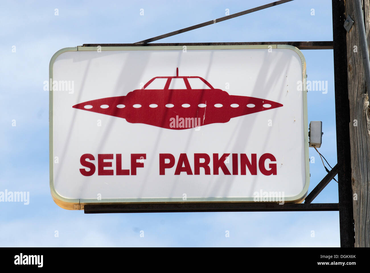 Parking sign for UFOs at the 'Little A'Le'Inn' pub, Rachel, Rachel, Nevada, United States Stock Photo