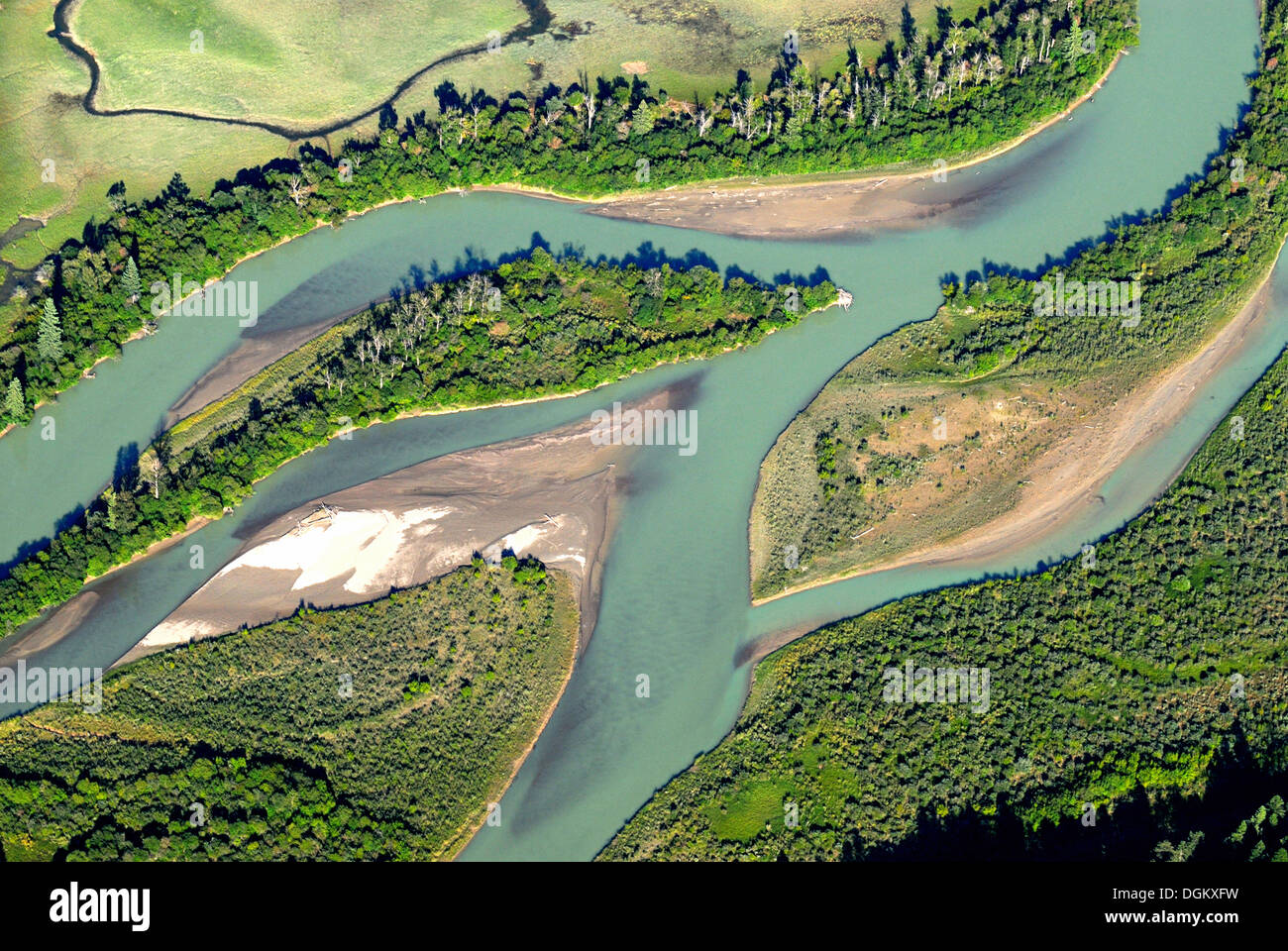 Aerial view, course of the Columbia River, Invermere, British Columbia Province, Canada Stock Photo