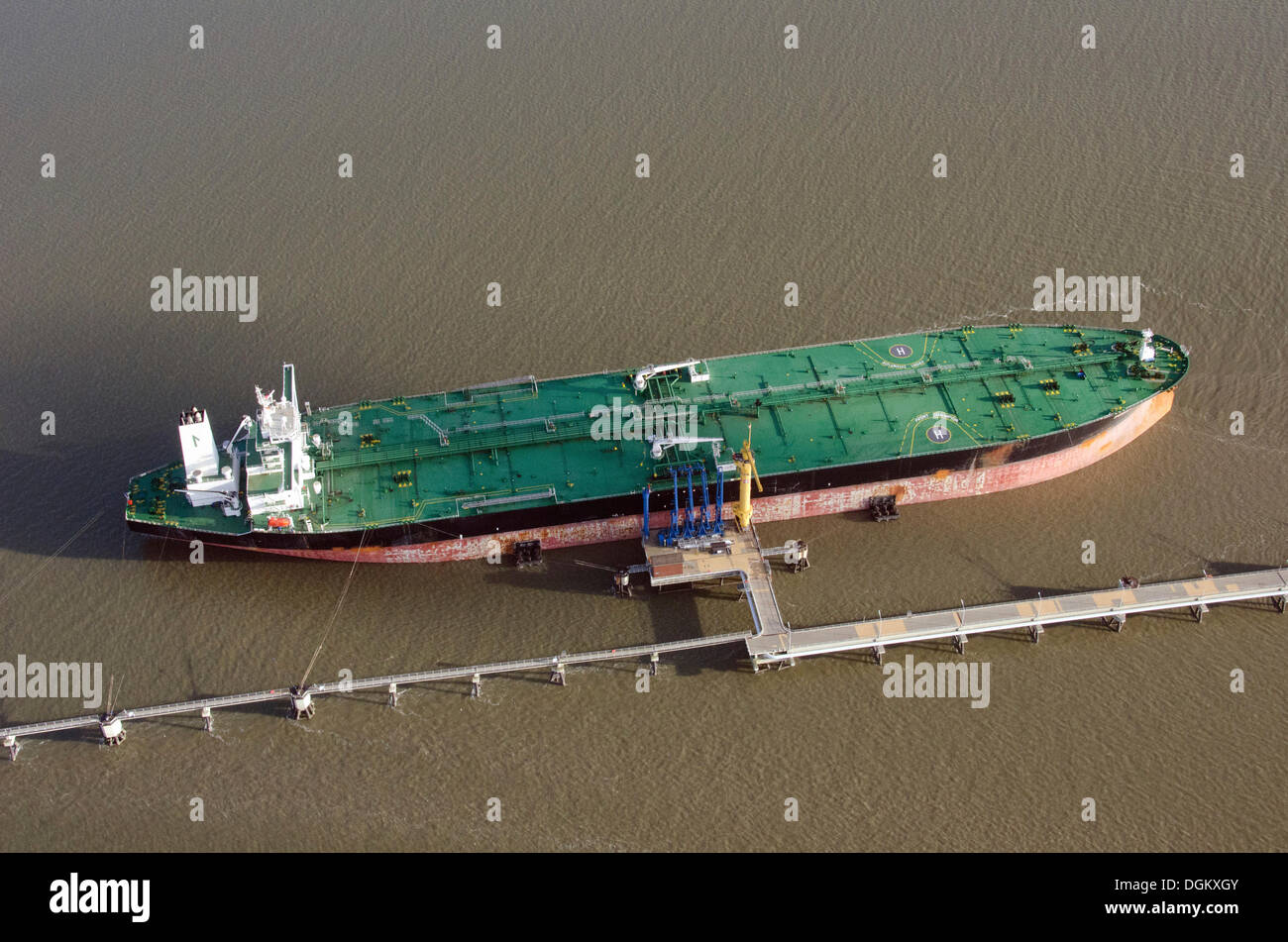 Aerial view, tanker loading at the marine loading arms of the Northwest oil line, Wilhelmshaven, Lower Saxony, Germany Stock Photo